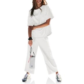 Fisoew Womens 2 Piece Outfits Workout Short Sleeve T Shirts and Wide Leg Pants Tracksuit Running Sets with Pockets