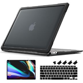 Batianda Ultimate Protection Case for MacBook Air 13 inch 2021 2020 Release Model A2337 M1 Chip A2179 A1932 2019 Matte Carbon Fiber Edges Shockproof with Keyboard Cover Screen Protector,Black