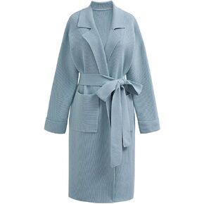 CHICWISH Women's Open Front Cardigan Long Sleeve Notch Lapel Belted Longline Coatigan Ribbed Knit Coat With Pockets