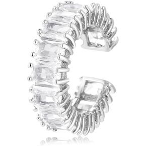 YADUDA Adjustable Gold Silver Cubic Zirconia Ring 18K Gold Plated Open Chunky Rings Twisted Band CZ Rings Dainty Vertical Baguette Eternity Bands for Women