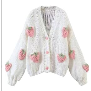 Women's Sweet Japanese Strawberry Embroidered Knit Cardigan Top Korean Retro Elegant Cute Kawaii Coat
