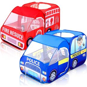2 Pcs Fire Truck Tent Police Car Tent Pop up Play Tent for Kids Foldable Indoor and Outdoor Playhouse Vehicle Toys for Girls and Boys Fun Interesting Play Gift Prop
