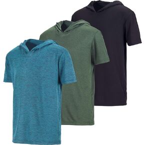Real Essentials 3 Pack: Boys Dry-Fit Youth Teen Active Athletic Short Sleeve Workout Hoodie - Hooded Pullover Shirts