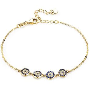 Solid 14K Gold Over 925 Sliver Moissanite Evil Eye Bracelet for Women,Adjustable Four Evil Eye Charm Chain Bracelet,Fashion Christmas Jewelry Gift for Her