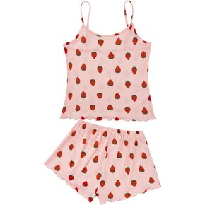 American Trends Cute Pajamas for Women Strawberry Print Cami Top and Shorts Pj Set Two Piece Pajama Set Sleepwear Sleep Set