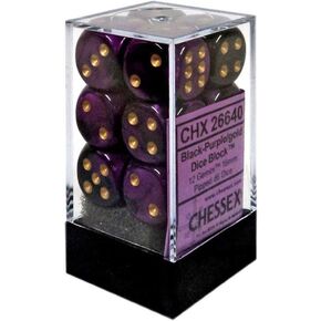 Chessex Dice d6 Sets: Gemini Black & Purple with Gold - 16mm Six Sided Die (12) Block of Dice