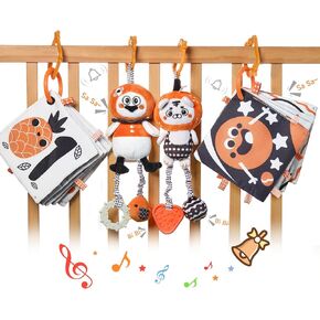 TUMAMA Kids Baby Car Seat & Stroller Activity Toy,High Contrast Rattle Toy & Soft Book Set,Tummy Time Plush Hanging Toys,Early Educational Toys for Infant Babies 0 3 6 9 12 Month