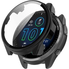 Compatible with Garmin Forerunner 965 Full Coverage PC Protective Case Cover Tempered Glass Screen Protector(PC Black)