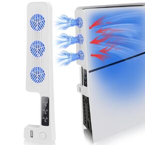 Cooling Fan for PS5 Slim, SIKEMAY Playstation 5 Slim Console Accessories Cooler with USB Port and 3 Adjustable Quiet 9500-Speed Fan, Cool LED Light for PS5 Slim Digital/Disc Version System-White