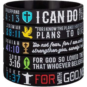Sainstone 5-Pack Power of Faith Inspirational Bible Silicone Bracelets - Philippians 4:13, Jeremiah 29:11, Isaiah 41:10, John 3:16, Luke 1:37 - Religious Wristbands Gifts for Party Favors