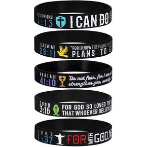 5-Pack Power of Faith Inspirational Christian Bible Verse Silicone Bracelets - Philippians 4:13, Jeremiah 29:11, Isaiah 41:10, John 3:16, Luke 1:37 - Church Gifts for Men Women, Party Favors