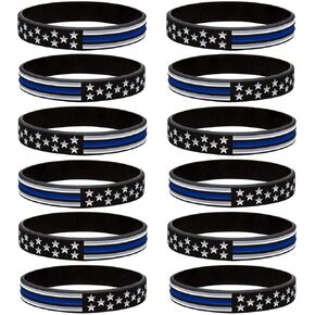 Sainstone 12-Pack Thin Blue Line Police American Flag Bracelets - Blue Lives Matter Silicone Rubber Wristbands Band Set - Support Law Enforcement for Policeman's Prayer Gifts for Police Cops