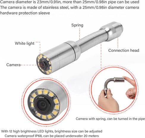 رأس كاميرا الصرف الصحي IP68 مقاوم للماء لفحص خطوط الأنابيب مع 12 مصباح LED لاستبدال كاميرا المنظار لتصريف الأنابيب in Kuwait