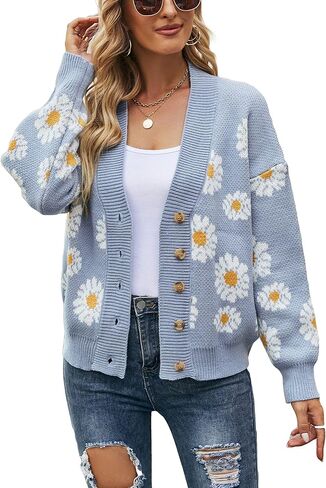 Women's Floral Cardigan Sweater Knitted Long Sleeve Sweater Botton Front Loose Cardigan Coat in Kuwait
