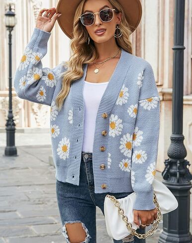 Women's Floral Cardigan Sweater Knitted Long Sleeve Sweater Botton Front Loose Cardigan Coat in Kuwait