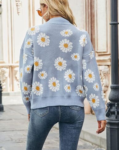Women's Floral Cardigan Sweater Knitted Long Sleeve Sweater Botton Front Loose Cardigan Coat in Kuwait