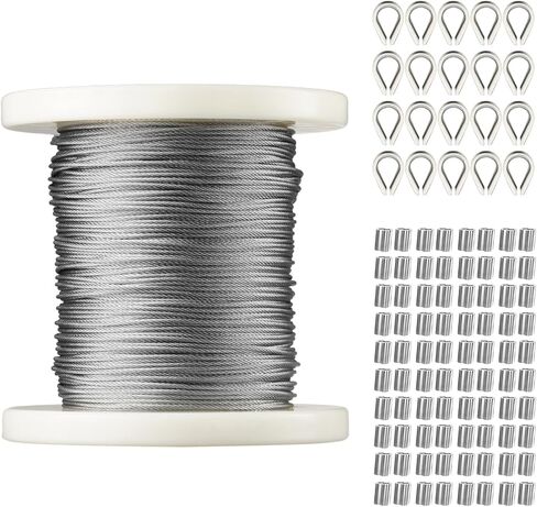 BestEquip 1/16 سلك حبل كيت، 304 كابل الفولاذ المقاوم للصدأ مع 80 الأكمام و 20 الكشتبانات، 7x7 فروع البناء البحرية الصف الطائرات لخط الملابس درابزين التزيين حديقة سياج in Kuwait