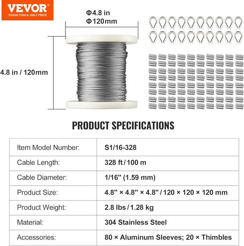 BestEquip 1/16 سلك حبل كيت، 304 كابل الفولاذ المقاوم للصدأ مع 80 الأكمام و 20 الكشتبانات، 7x7 فروع البناء البحرية الصف الطائرات لخط الملابس درابزين التزيين حديقة سياج in Kuwait