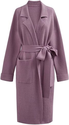CHICWISH Women's Open Front Cardigan Long Sleeve Notch Lapel Belted Longline Coatigan Ribbed Knit Coat With Pockets in Kuwait