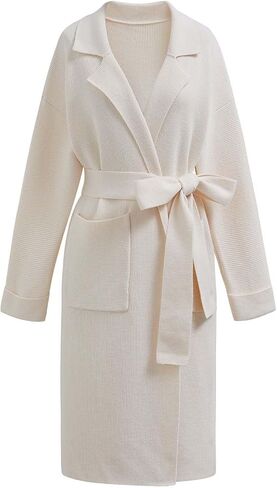CHICWISH Women's Open Front Cardigan Long Sleeve Notch Lapel Belted Longline Coatigan Ribbed Knit Coat With Pockets in Kuwait
