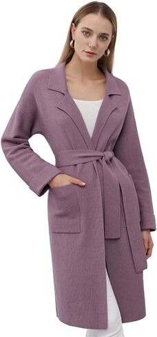 CHICWISH Women's Open Front Cardigan Long Sleeve Notch Lapel Belted Longline Coatigan Ribbed Knit Coat With Pockets in Kuwait