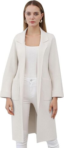 CHICWISH Women's Open Front Cardigan Long Sleeve Notch Lapel Belted Longline Coatigan Ribbed Knit Coat With Pockets in Kuwait