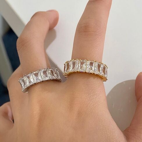 YADUDA Adjustable Gold Silver Cubic Zirconia Ring 18K Gold Plated Open Chunky Rings Twisted Band CZ Rings Dainty Vertical Baguette Eternity Bands for Women in Kuwait
