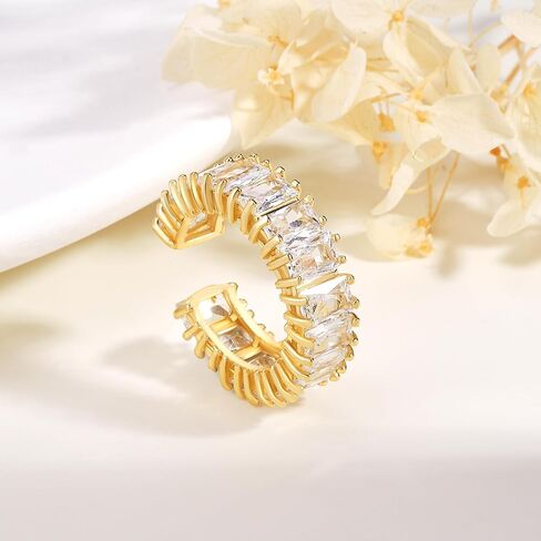 YADUDA Adjustable Gold Silver Cubic Zirconia Ring 18K Gold Plated Open Chunky Rings Twisted Band CZ Rings Dainty Vertical Baguette Eternity Bands for Women in Kuwait