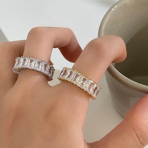 YADUDA Adjustable Gold Silver Cubic Zirconia Ring 18K Gold Plated Open Chunky Rings Twisted Band CZ Rings Dainty Vertical Baguette Eternity Bands for Women in Kuwait