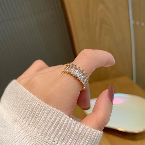 YADUDA Adjustable Gold Silver Cubic Zirconia Ring 18K Gold Plated Open Chunky Rings Twisted Band CZ Rings Dainty Vertical Baguette Eternity Bands for Women in Kuwait