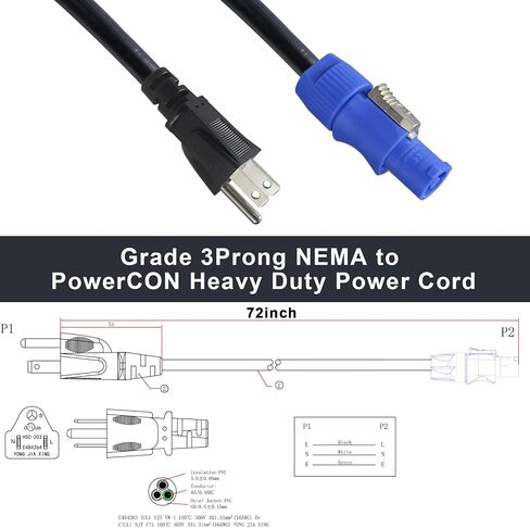 12FT NEMA 5-15P to NAC3FCA PowerCON Cable - 16AWG PowerCON True1 Extension 3 Prong Power Cord Heavy Duty, 20A IP65 Waterproof powerCON Male Connector for Outdoor Stage Light/LED Screen in Saudi Arabia