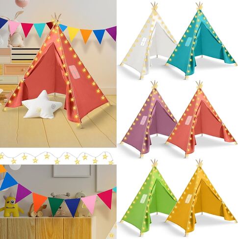 6 Set Kids Teepee Tent, Kids Play Tent with String Lights Banner Foldable Washable Play Tent Toddler Indoor Outdoor Playhouse Large Teepee for Boys Girl Indoor Outdoor (Bright Color,63 Inch) in Saudi Arabia