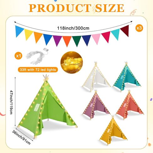 6 Set Kids Teepee Tent, Kids Play Tent with String Lights Banner Foldable Washable Play Tent Toddler Indoor Outdoor Playhouse Large Teepee for Boys Girl Indoor Outdoor (Bright Color,63 Inch) in Saudi Arabia