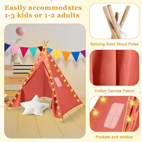 6 Set Kids Teepee Tent, Kids Play Tent with String Lights Banner Foldable Washable Play Tent Toddler Indoor Outdoor Playhouse Large Teepee for Boys Girl Indoor Outdoor (Bright Color,63 Inch) in Saudi Arabia