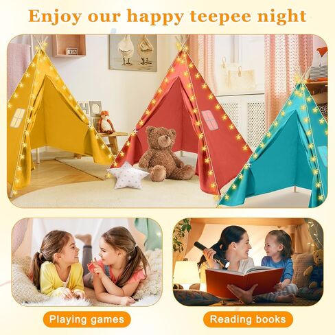 6 Set Kids Teepee Tent, Kids Play Tent with String Lights Banner Foldable Washable Play Tent Toddler Indoor Outdoor Playhouse Large Teepee for Boys Girl Indoor Outdoor (Bright Color,63 Inch) in Saudi Arabia