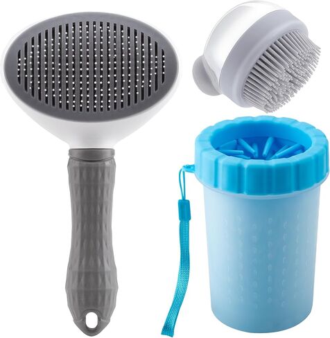 3PCS Dog Cleaning Kit, Portable Dog Paw Cleaner/Washer Cup, Soft Silicone Bath Massage Brush with Soap and Shampoo Dispenser, Self Cleaning Grooming Slicker Brush for Small Medium Large Pets(3-IN-1) in Saudi Arabia