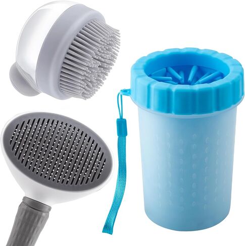 3PCS Dog Cleaning Kit, Portable Dog Paw Cleaner/Washer Cup, Soft Silicone Bath Massage Brush with Soap and Shampoo Dispenser, Self Cleaning Grooming Slicker Brush for Small Medium Large Pets(3-IN-1) in Saudi Arabia