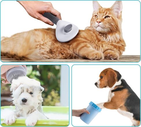 3PCS Dog Cleaning Kit, Portable Dog Paw Cleaner/Washer Cup, Soft Silicone Bath Massage Brush with Soap and Shampoo Dispenser, Self Cleaning Grooming Slicker Brush for Small Medium Large Pets(3-IN-1) in Saudi Arabia