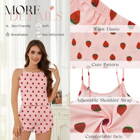 American Trends Cute Pajamas for Women Strawberry Print Cami Top and Shorts Pj Set Two Piece Pajama Set Sleepwear Sleep Set in Saudi Arabia