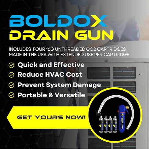 منظف ​​خط المكثفات بمسدس الصرف - جالو مع 4 خراطيش ثاني أكسيد الكربون يزيل التراكمات والحطام في الأنابيب، كيفية فك انسداد مصيدة تكثيف الأنابيب، أدوات التدفئة والتهوية وتكييف الهواء DIY من بولدوكس (BDX-DG) in Kuwait