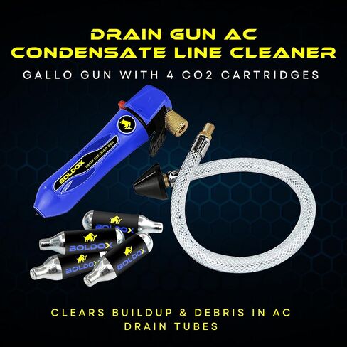 منظف ​​خط المكثفات بمسدس الصرف - جالو مع 4 خراطيش ثاني أكسيد الكربون يزيل التراكمات والحطام في الأنابيب، كيفية فك انسداد مصيدة تكثيف الأنابيب، أدوات التدفئة والتهوية وتكييف الهواء DIY من بولدوكس (BDX-DG) in Kuwait