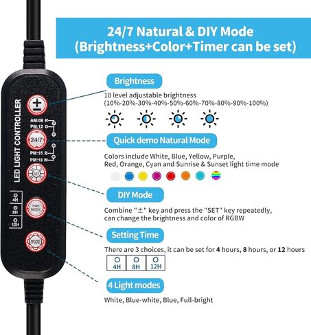 Full-Spectrum LED Aquarium Light: 24/7 Lighting Cycle & DIY Mode Fish Tank Light with Timer - 18W Aquarium Tank Light Adjustable Brightness with 7 Colors & Extendable Bracket for 18-24 Inch Tank in Kuwait
