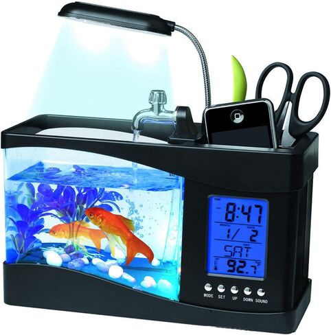 Mini Fish Tank, Multifunctional USB Rechargeable Fish Tank Desktop Electronic Aquarium with Clock Function LED Light Pen Holder for Office, Home in Saudi Arabia