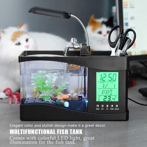 Mini Fish Tank, Multifunctional USB Rechargeable Fish Tank Desktop Electronic Aquarium with Clock Function LED Light Pen Holder for Office, Home in Saudi Arabia