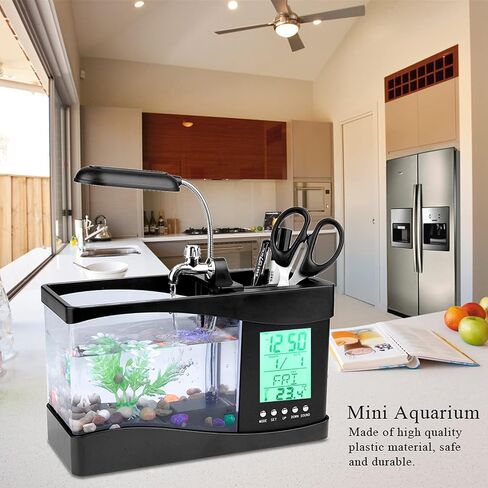 Mini Fish Tank, Multifunctional USB Rechargeable Fish Tank Desktop Electronic Aquarium with Clock Function LED Light Pen Holder for Office, Home in Saudi Arabia