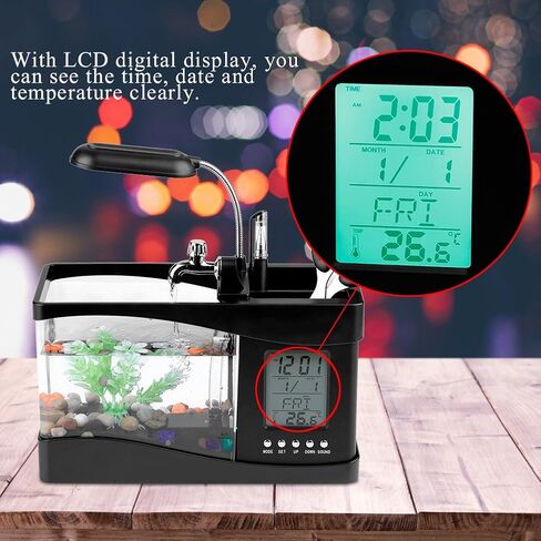 Mini Fish Tank, Multifunctional USB Rechargeable Fish Tank Desktop Electronic Aquarium with Clock Function LED Light Pen Holder for Office, Home in Saudi Arabia