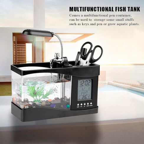 Mini Fish Tank, Multifunctional USB Rechargeable Fish Tank Desktop Electronic Aquarium with Clock Function LED Light Pen Holder for Office, Home in Saudi Arabia