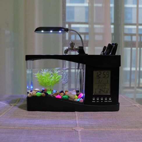 Mini Fish Tank, Multifunctional USB Rechargeable Fish Tank Desktop Electronic Aquarium with Clock Function LED Light Pen Holder for Office, Home in Saudi Arabia