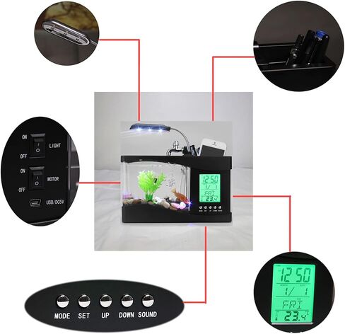 Mini Fish Tank, Multifunctional USB Rechargeable Fish Tank Desktop Electronic Aquarium with Clock Function LED Light Pen Holder for Office, Home in Saudi Arabia