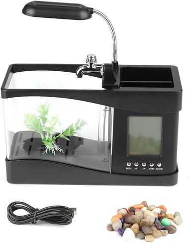 Mini Fish Tank, Multifunctional USB Rechargeable Fish Tank Desktop Electronic Aquarium with Clock Function LED Light Pen Holder for Office, Home in Saudi Arabia